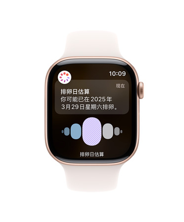 Apple Watch Series 10 搭配白色运动型表带的正面视图，用户界面显示排卵日和经期历史。