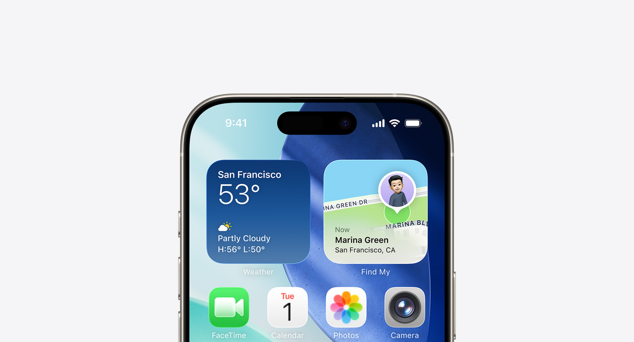 画面显示 iPhone 的上部，展示主屏幕，最上面一排是“天气”和“查找”小组件。