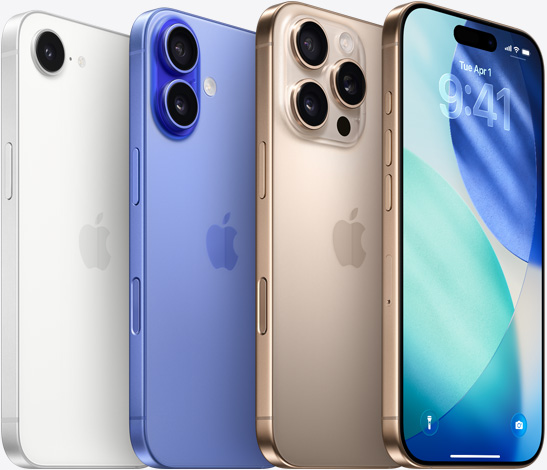 层叠排列的白色 iPhone 16e、群青色 iPhone 16 和沙漠色钛金属 iPhone 16 Pro，展示带摄像头的一侧；最上面的沙漠色钛金属 iPhone 16 Pro，展示锁定屏幕。