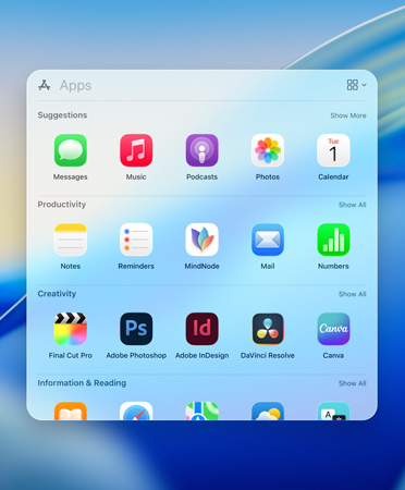 聚焦功能的浏览菜单分类显示 app，分别为：建议、效率、创意、信息和阅读。