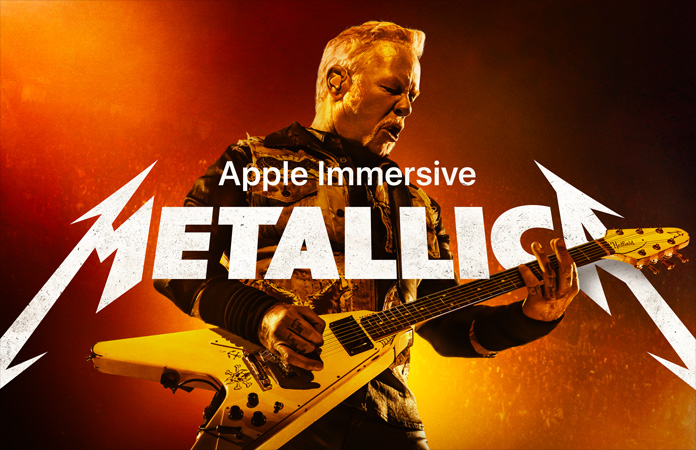 吉他手弹奏吉他的画面，上面有白色的“Apple Immersive”和“Metallica”字样。
