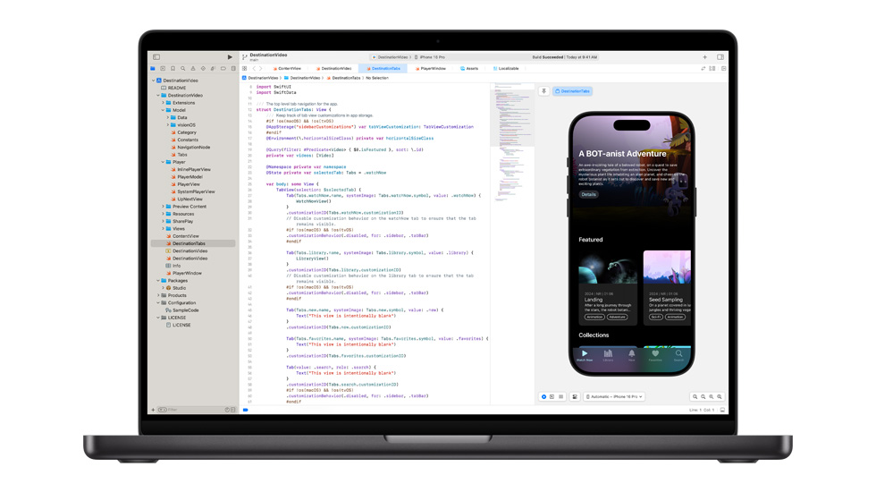 一台打开的 Mac，屏幕显示一个名为 Swift 的 Apple 代码编辑器 app。