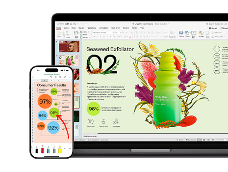 一台 Mac 和一部 iPhone 分别显示同一份色彩生动的演示文稿中的不同部分，内容是关于一款护肤产品。
