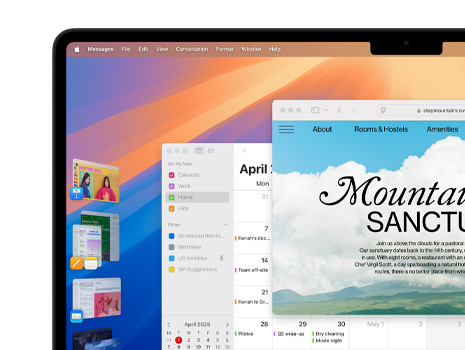屏幕上显示了多个窗口和 app，有 Keynote 讲演、Pages 文稿、邮件，以及一个介绍宁静修养胜地内容的网站页面。