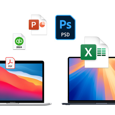 两部 MacBook 并排摆放的正面视图，分别展示不同颜色的桌面背景。在 MacBook 上方有多个文件图标呈拱形排列，其中包括 Acrobat 文件、Quickbooks 文件、PowerPoint 文件、Photoshop 文件、Excel 文件。