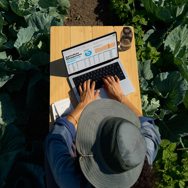 俯瞰图展示一位戴宽檐帽的女子坐在花园的桌子旁，正在使用 MacBook 制作商务演示文稿。