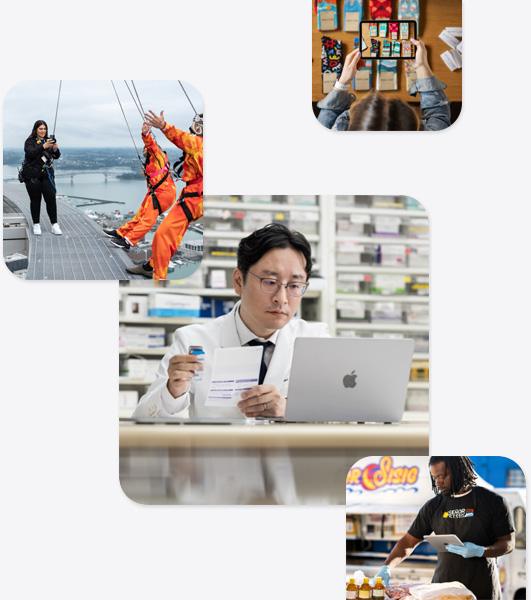 不同的小型企业，包括身着白大褂的药剂师在使用 MacBook，蹦极教练用 iPhone 为两个即将蹦极的人拍照，一名男子边拿着 iPad 边处理食物，一名女子用 iPad 为桌子上展示的袜子拍照。