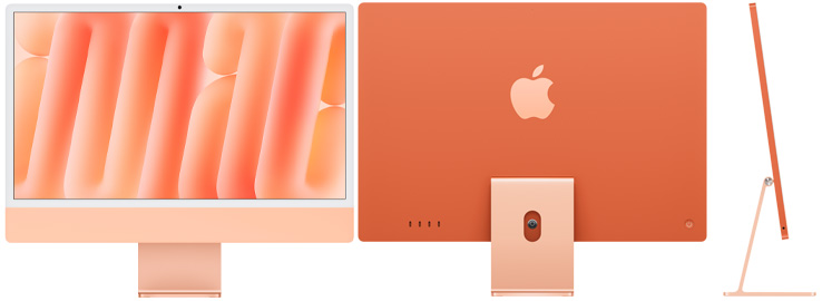 橙色 iMac 的正视图、后视图及侧视图