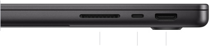 呈闭合状态的 14 英寸 MacBook Pro (M4 芯片机型) 的右侧视图,展示 SDXC 卡插槽、一个雷雳 4 端口以及 HDMI 端口。