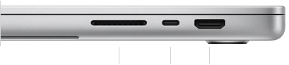 呈闭合状态的 16 英寸 MacBook Pro 的右侧视图,展示 SDXC 卡插槽、一个雷雳 5 端口和 HDMI 端口