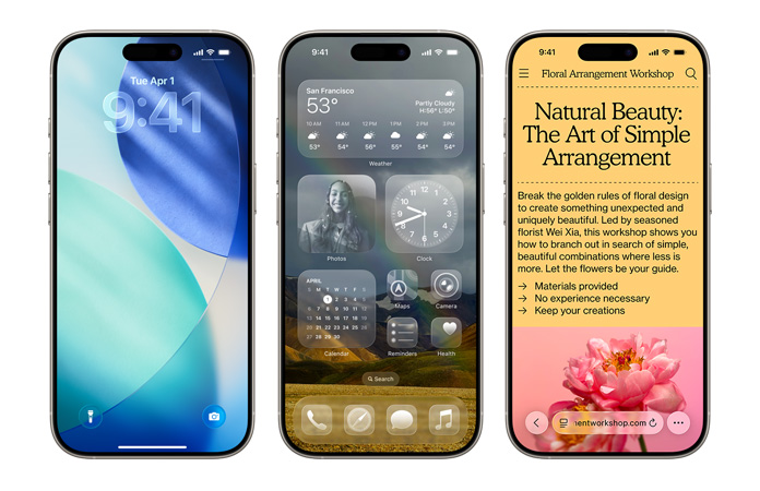 并排放置的 iPhone，展示 iOS 的各种新设计元素，有锁定屏幕上 Liquid Glass 的半透明时间数字，还有主屏幕上 Liquid Glass 的透明 app 图标。