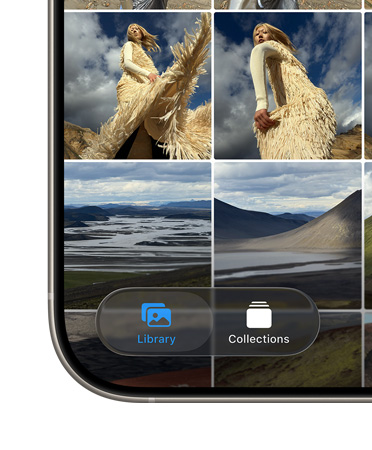 iPhone 屏幕的左下角，展示照片 app 中的“图库”和“精选集”两个标签页 ，并以全新的 Liquid Glass 设计呈现。