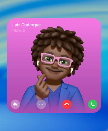 FaceTime 通话的名片海报，智绘表情位于中央，联系人名字位于左上角，回复、更多选项、挂断和接听图标均位于底部。