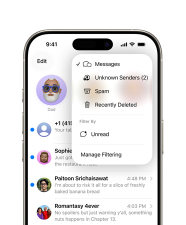 画面显示 iPhone 上面三分之二的部分，展示信息 app，新的筛选工具叠放在菜单上。