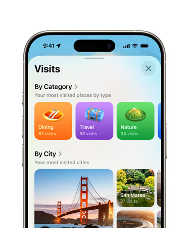 画面显示 iPhone 的上半部分，屏幕展示地图 app 中的曾去地点功能，包括类别和城市。