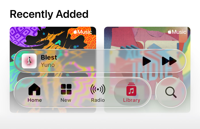 Apple Music 中的半透明控制项，与背景形成折射效果。