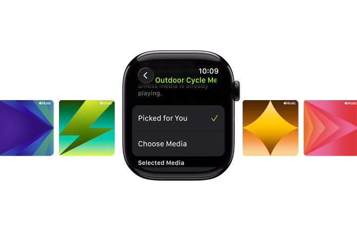 图片中央是未搭配表带的亮黑色 Apple Watch，表盘显示“Picked for You”和“Choose Media”选项，屏幕顶部有绿色的“Outdoor Cycle”字样，图片背景是一系列量身打造的 Apple Music 墙纸。