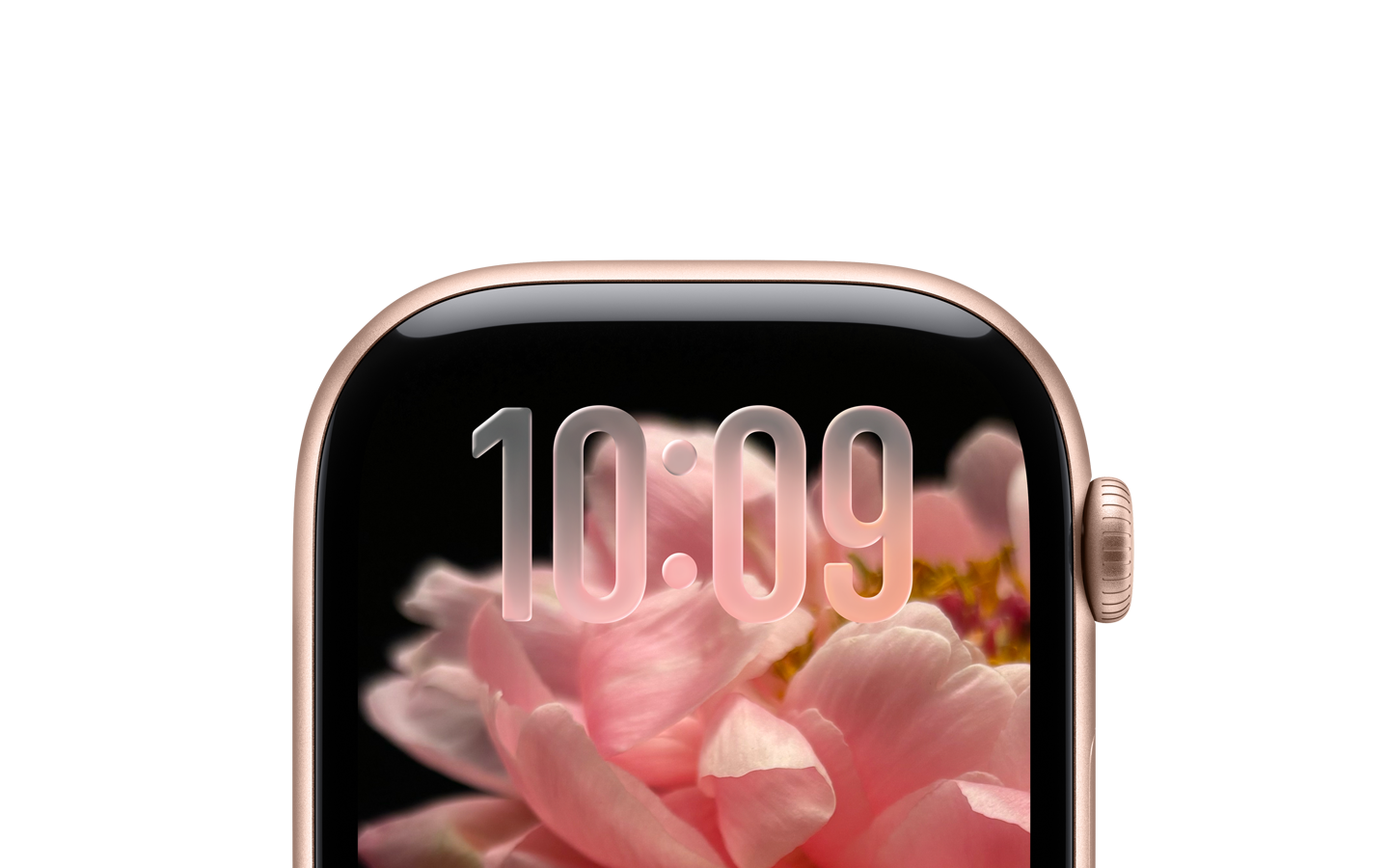 未搭配表带的玫瑰金色 Apple Watch，只露出表盘上半部分，表盘顶部显示半透明  Liquid Glass 设计的时间数字。