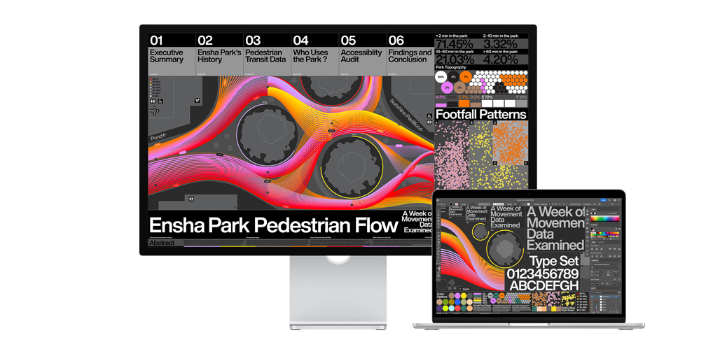 13 英寸 MacBook Air 和 Studio Display 并排放置，屏幕上展示 Adobe Illustrator 中的一个项目。